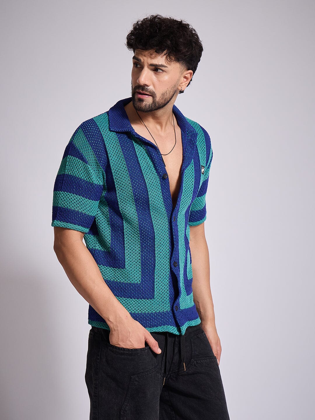 Green & Blue Striped Crochet Shirt