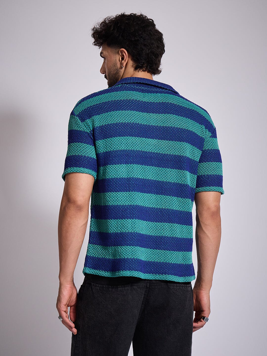 Green & Blue Striped Crochet Shirt - qivii