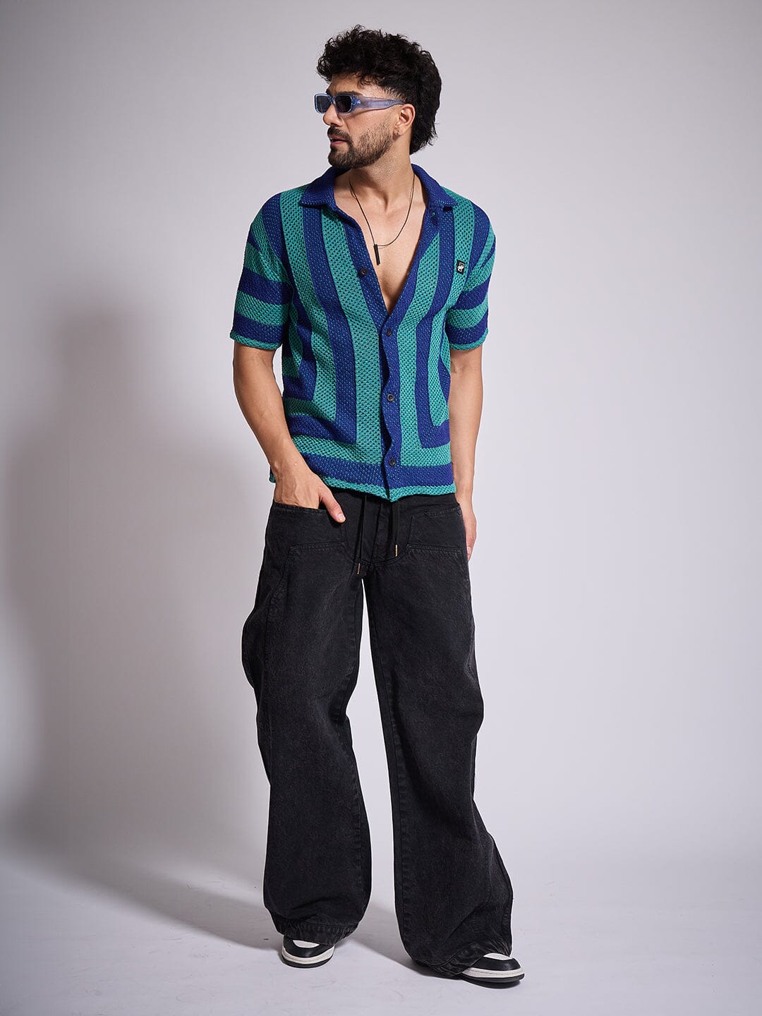 Green & Blue Striped Crochet Shirt - qivii