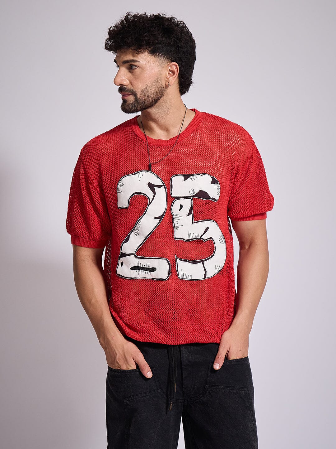 Red Knitted PU Applique Tshirt