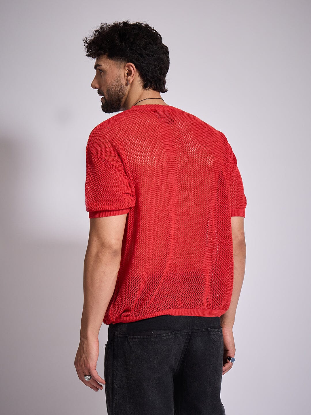 Red Knitted PU Applique Tshirt