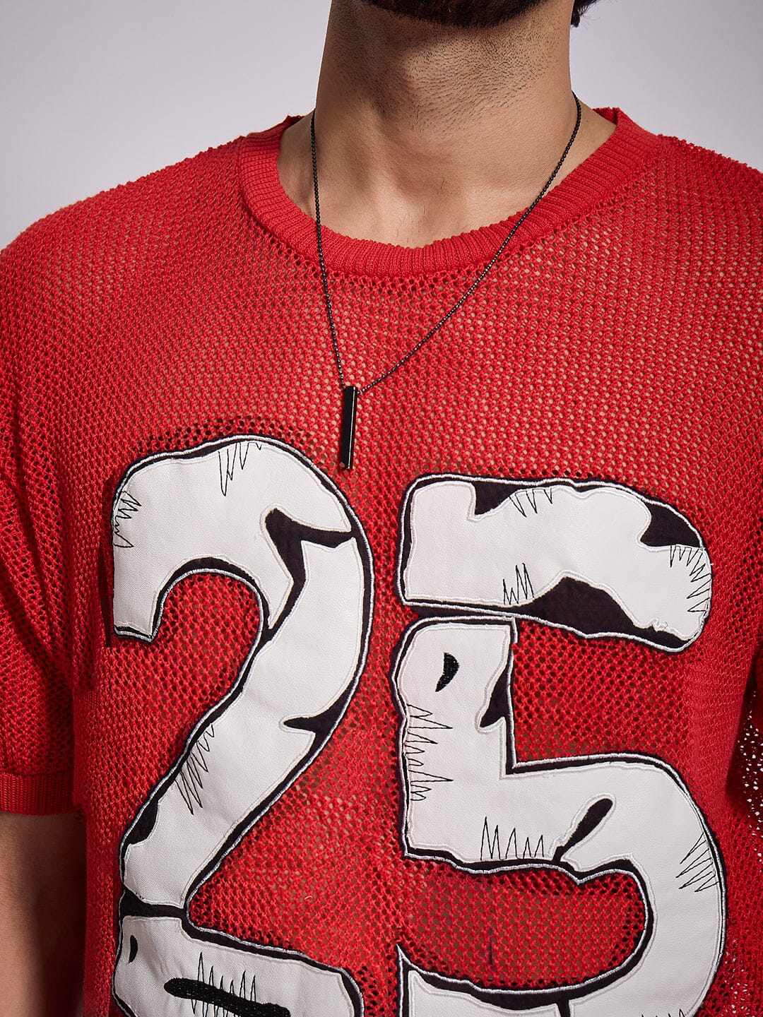 Red Knitted PU Applique Tshirt