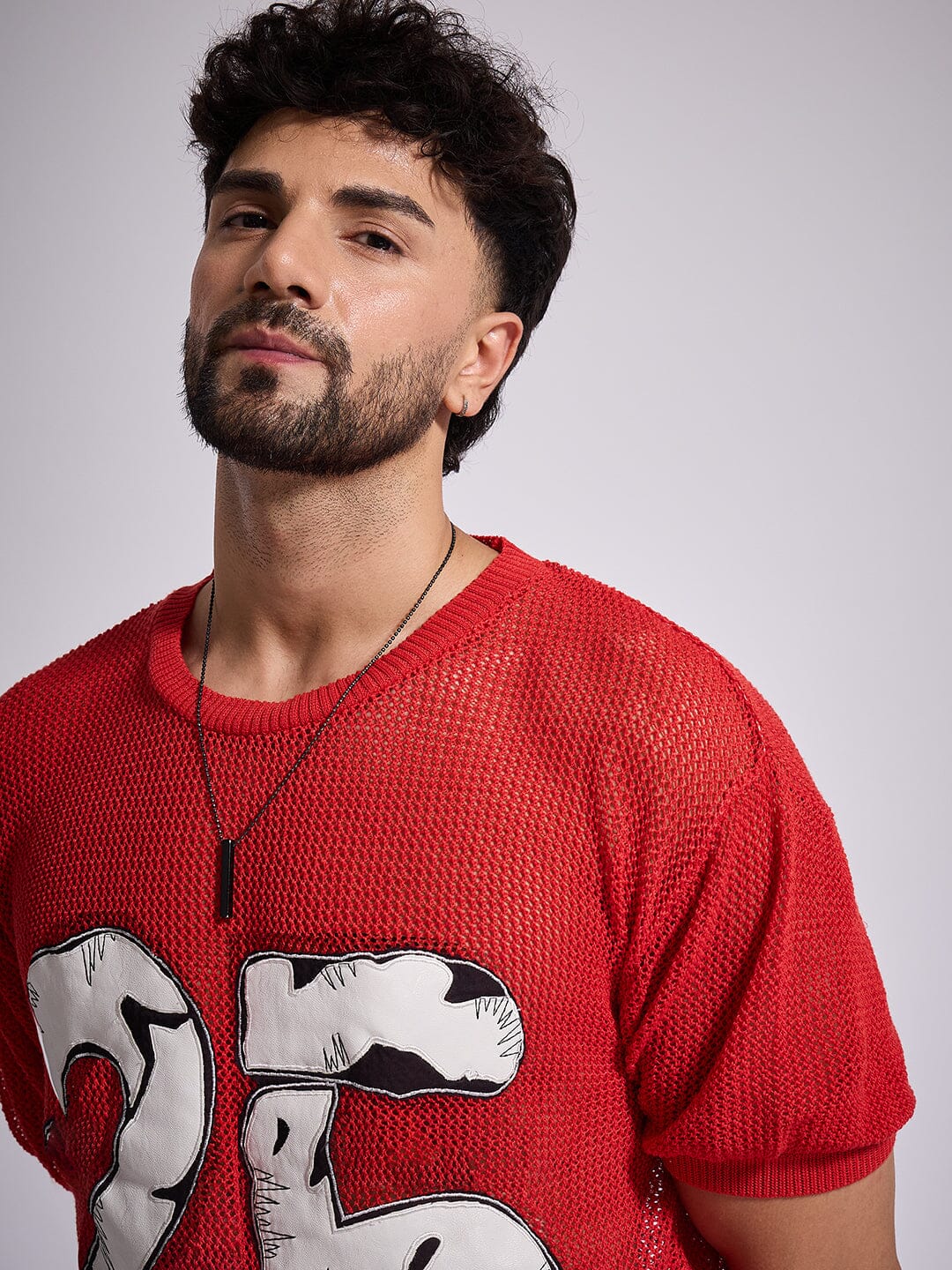 Red Knitted PU Applique Tshirt