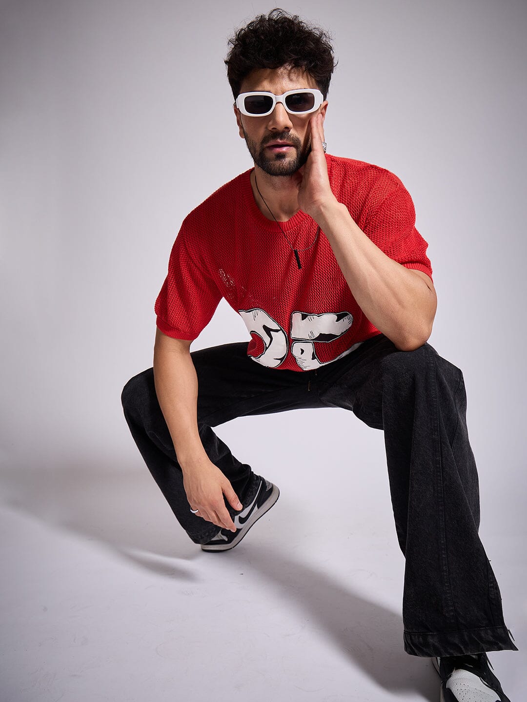 Red Knitted PU Applique Tshirt