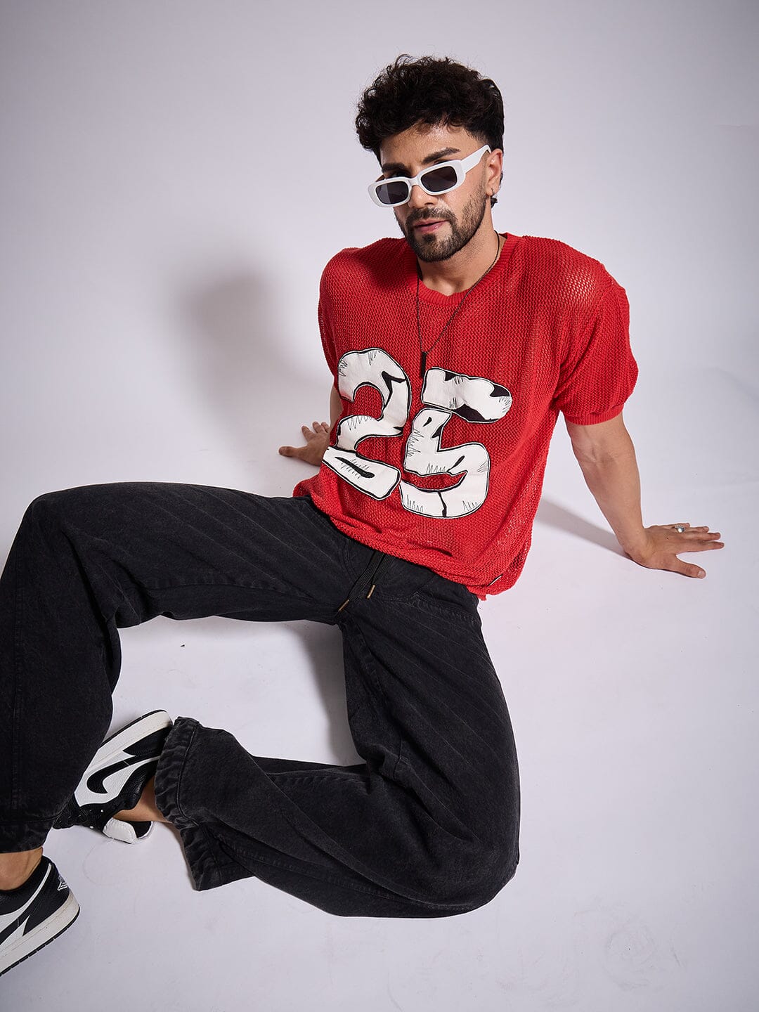 Red Knitted PU Applique Tshirt