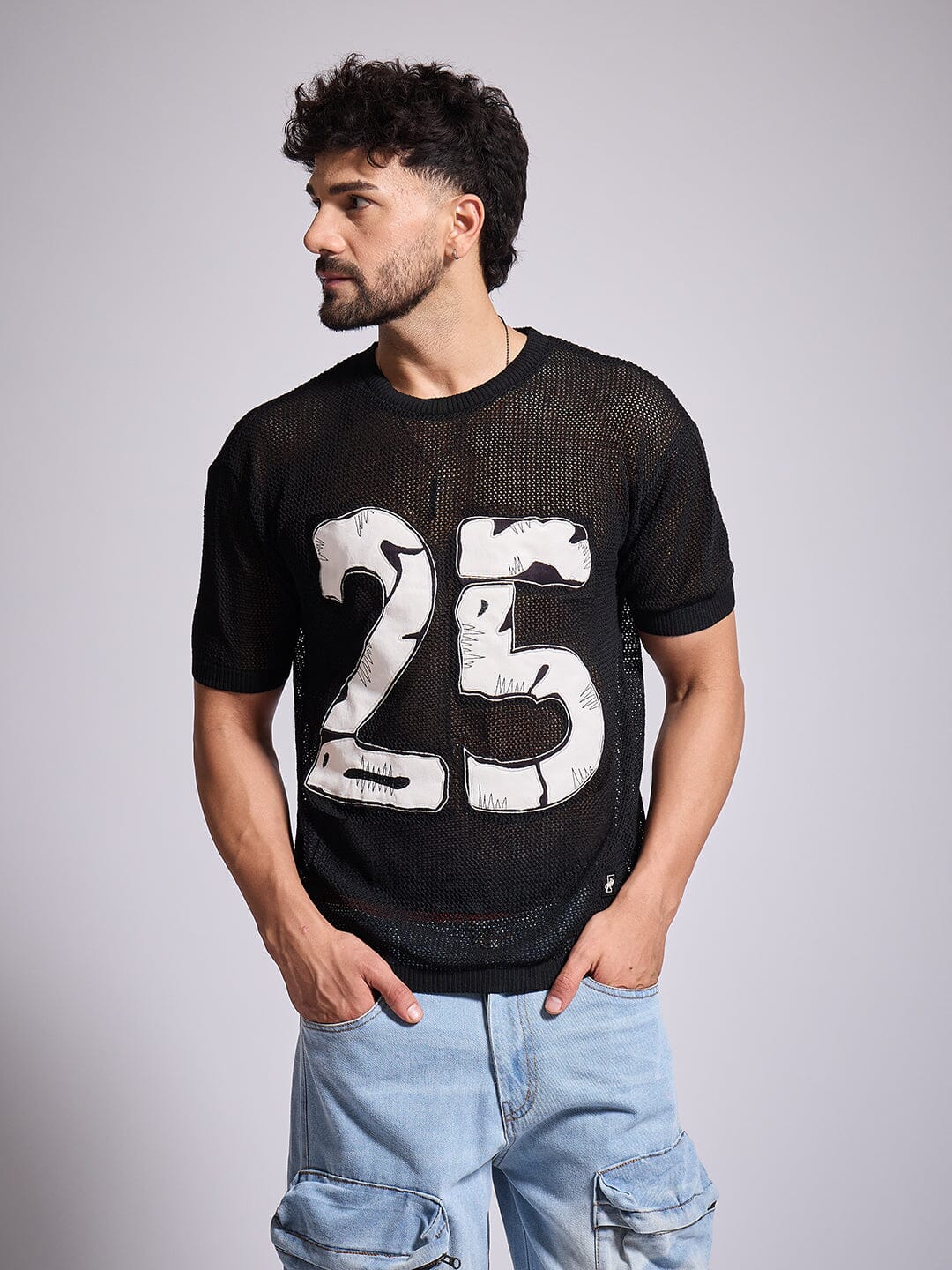 Black Knitted Pu Applique Tshirt