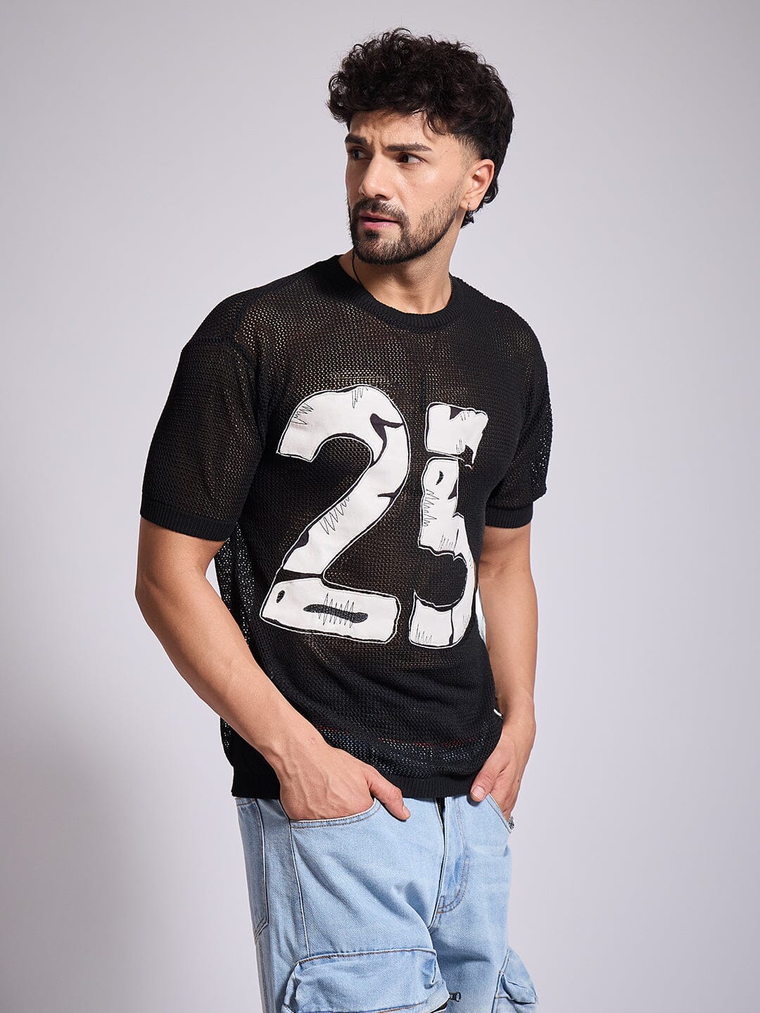 Black Knitted Pu Applique Tshirt