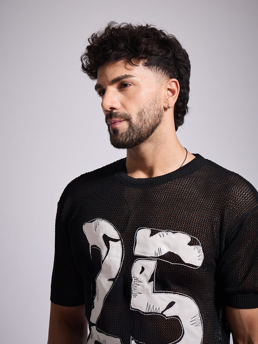 Black Knitted Pu Applique Tshirt