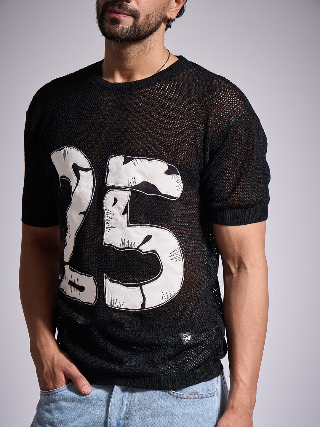 Black Knitted Pu Applique Tshirt
