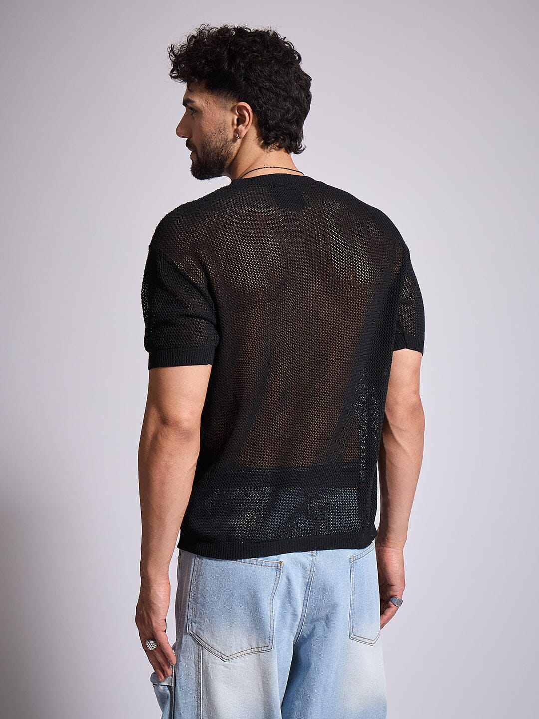 Black Knitted Pu Applique Tshirt