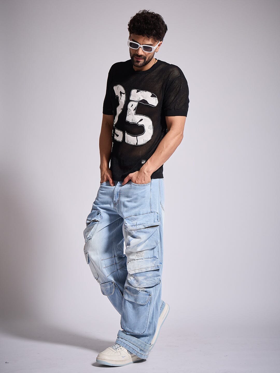 Black Knitted Pu Applique Tshirt