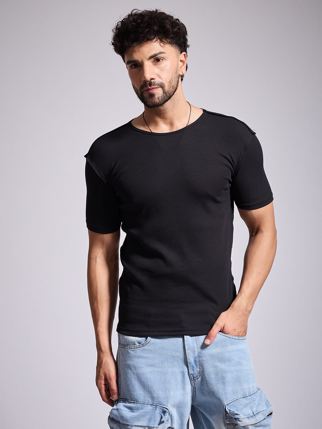 Black Ribbed Short Sleeves Tshirt