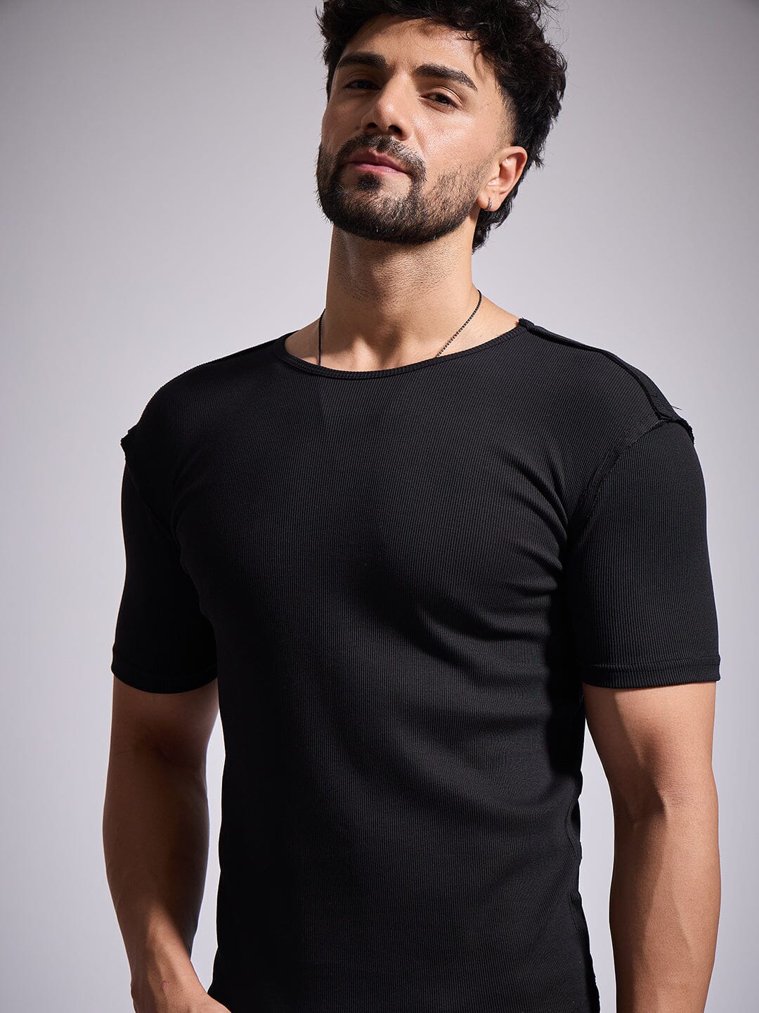 Black Ribbed Short Sleeves Tshirt