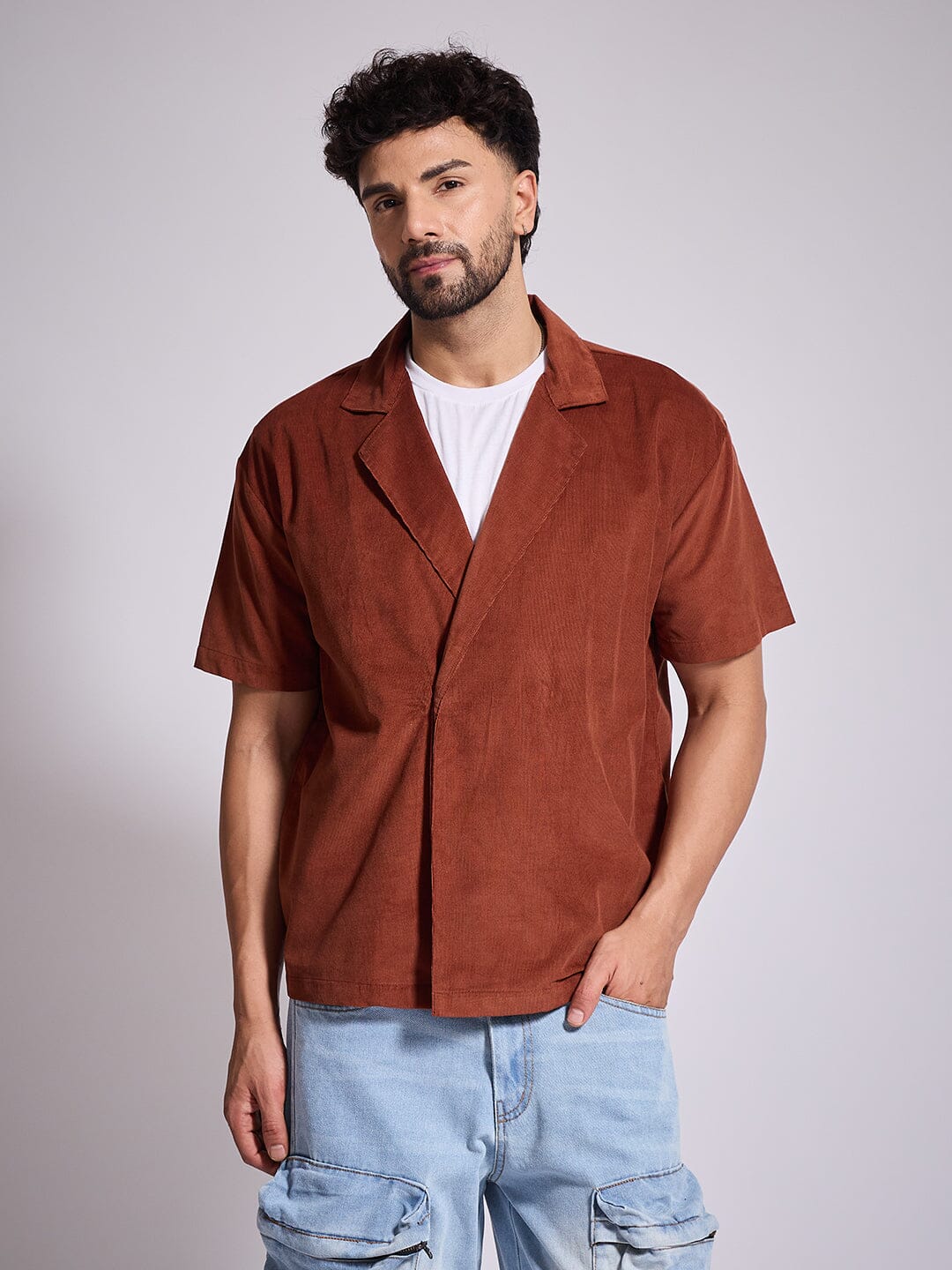 Brown Corduroy Unibutton Cuban Shirt