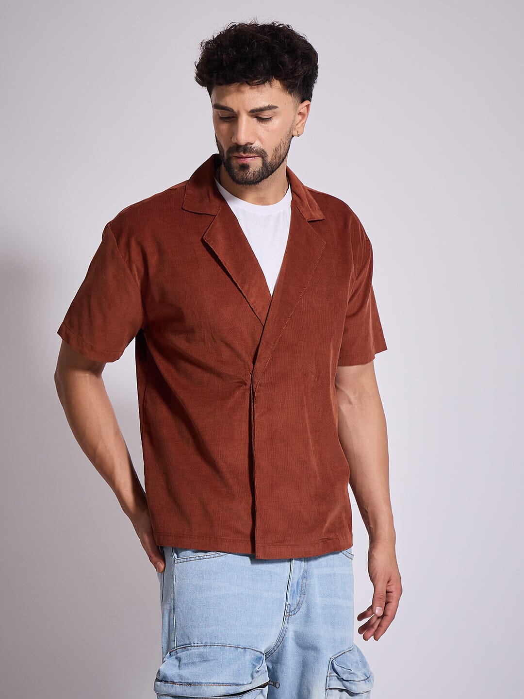 Brown Corduroy Unibutton Cuban Shirt