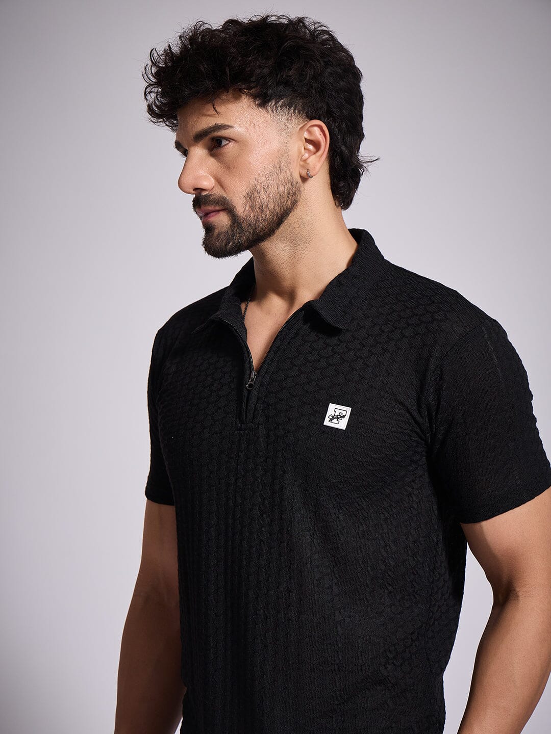 Black Textured Knitted Polo Tshirt