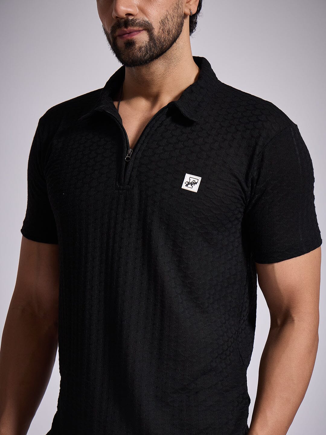 Black Textured Knitted Polo Tshirt
