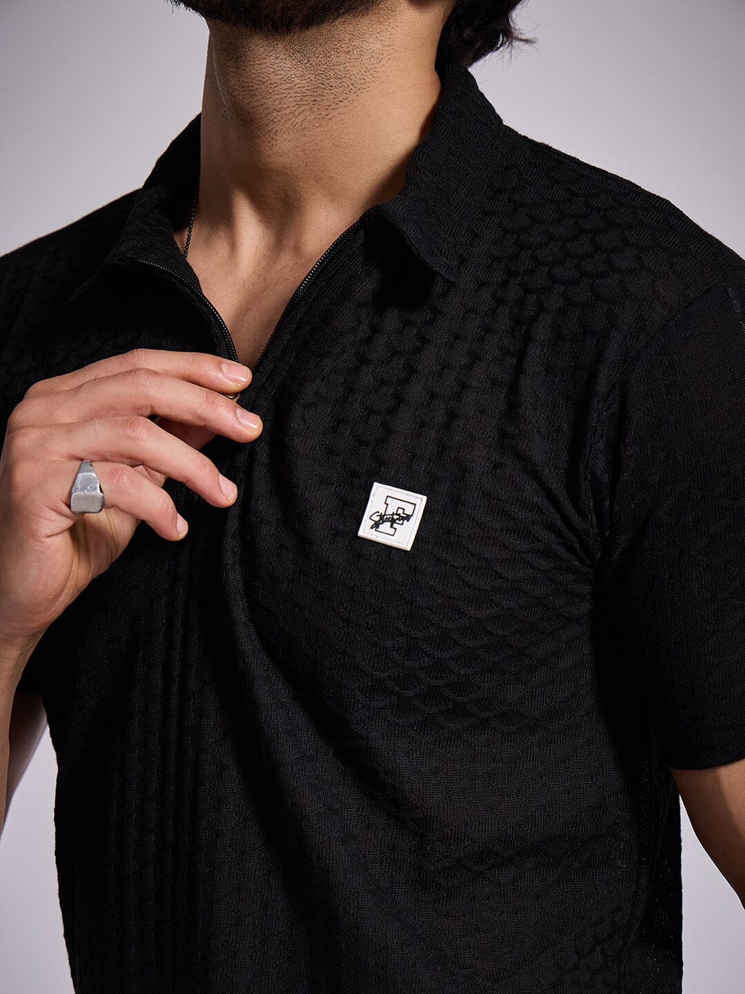 Black Textured Knitted Polo Tshirt