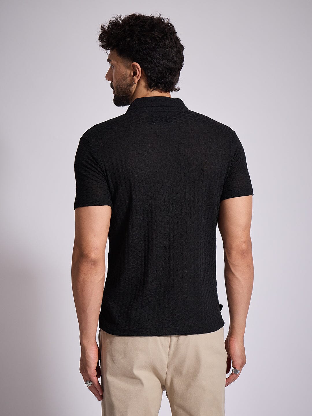 Black Textured Knitted Polo Tshirt