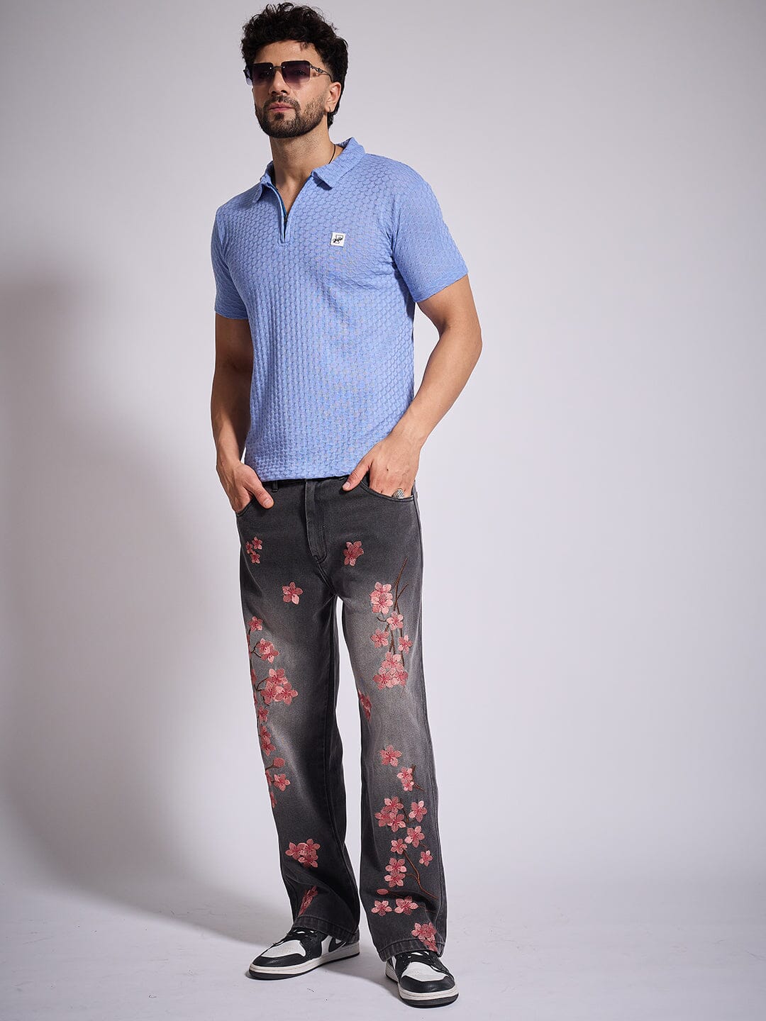 Airy Blue Textured Knitted Polo Tshirt