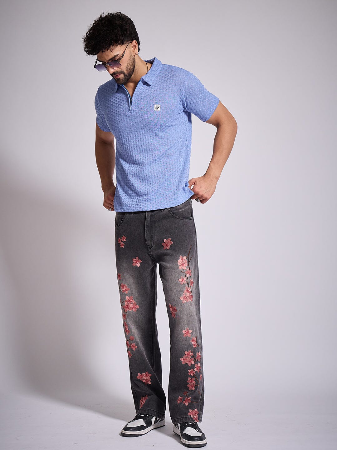 Airy Blue Textured Knitted Polo Tshirt