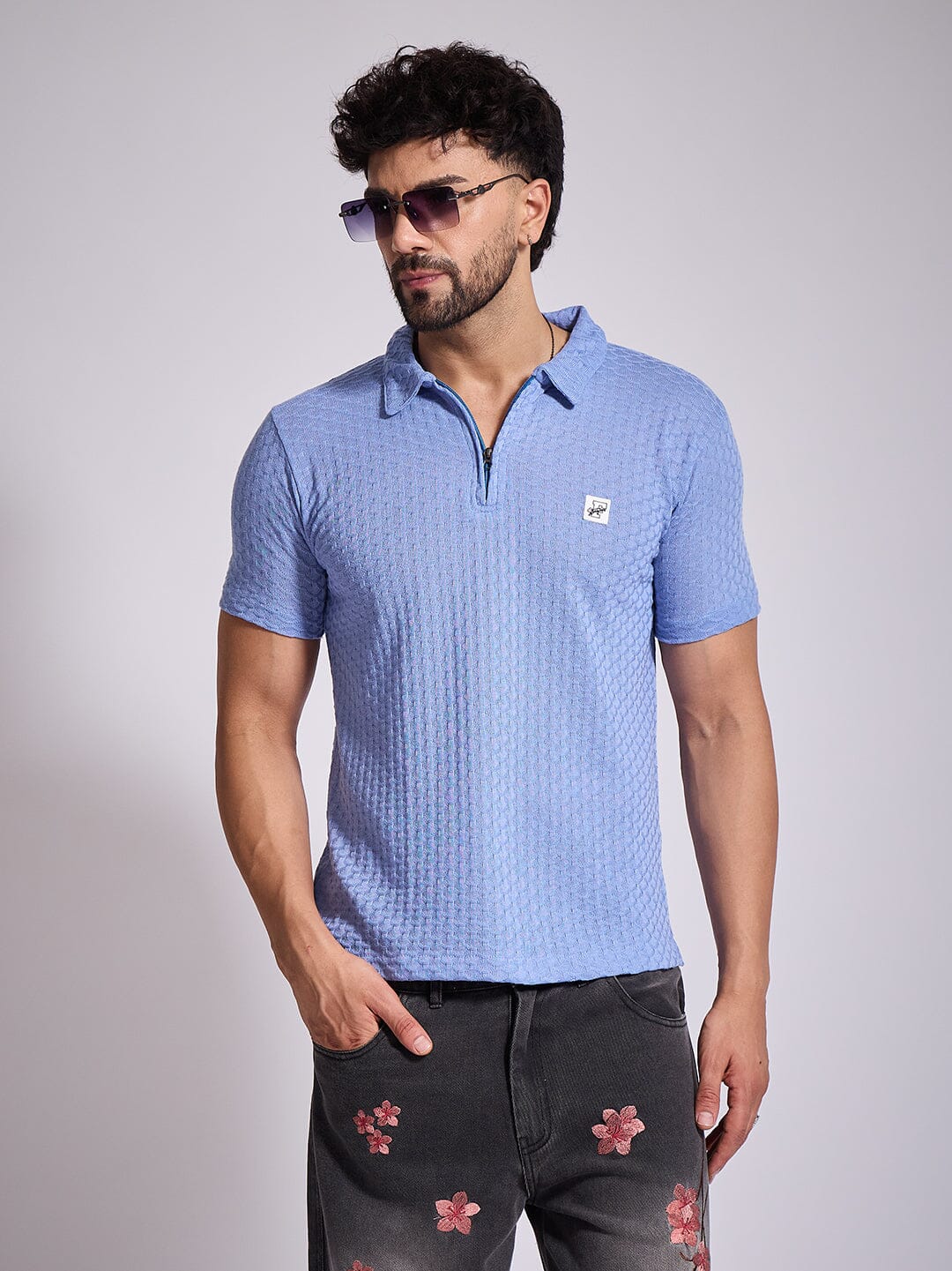 Airy Blue Textured Knitted Polo Tshirt
