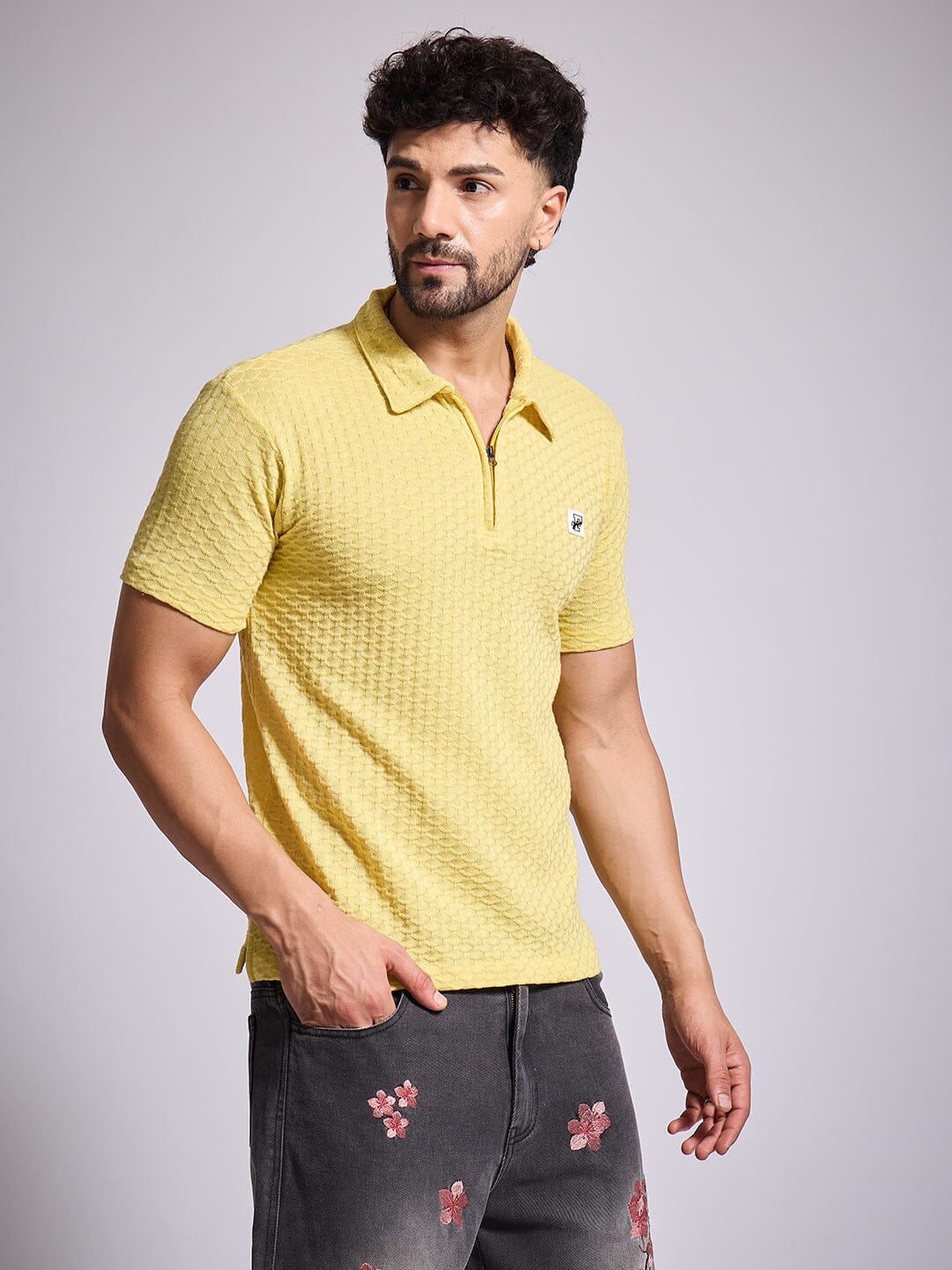 Lemon Textured Knitted Polo Tshirt