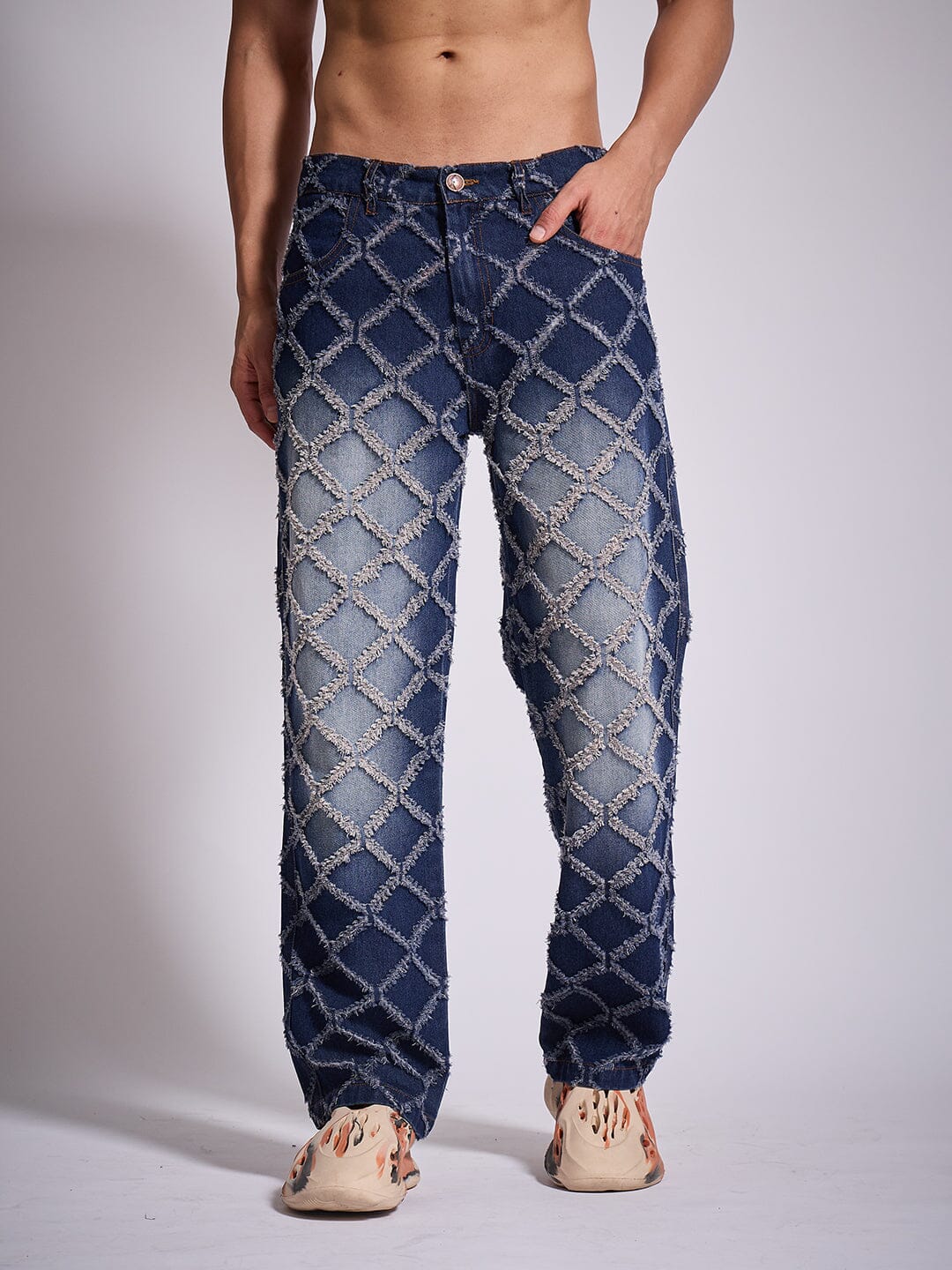 Dark Washed Distressed Patterned Straight Fit Denim
