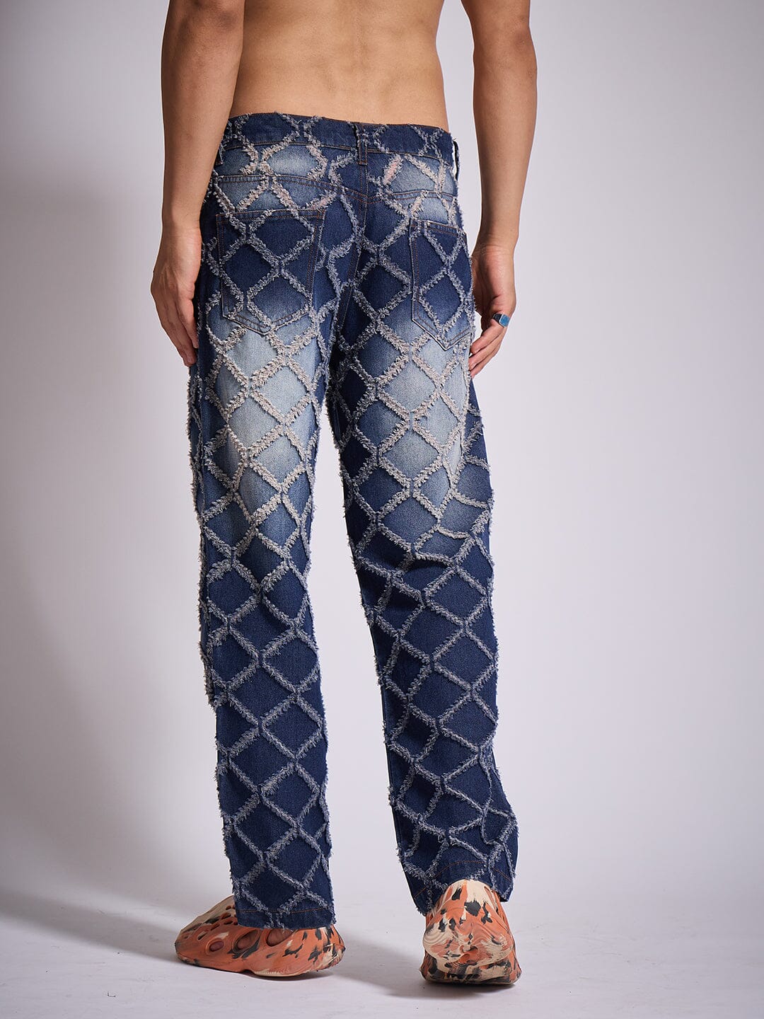 Dark Washed Distressed Patterned Straight Fit Denim