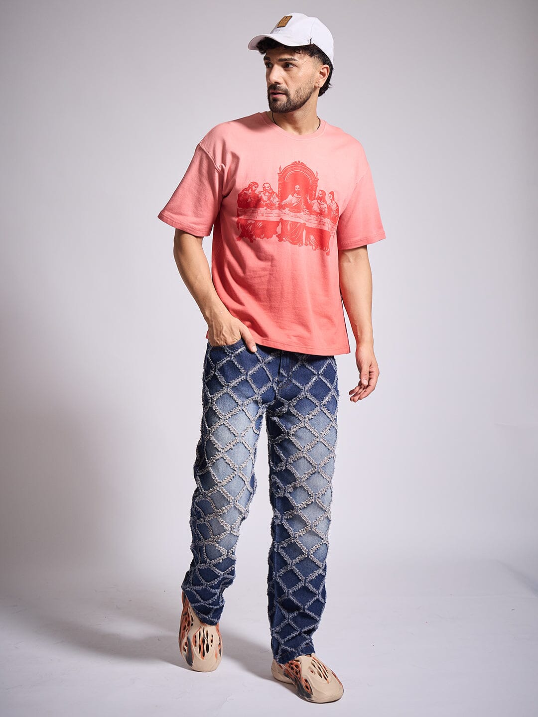 Dark Washed Distressed Patterned Straight Fit Denim