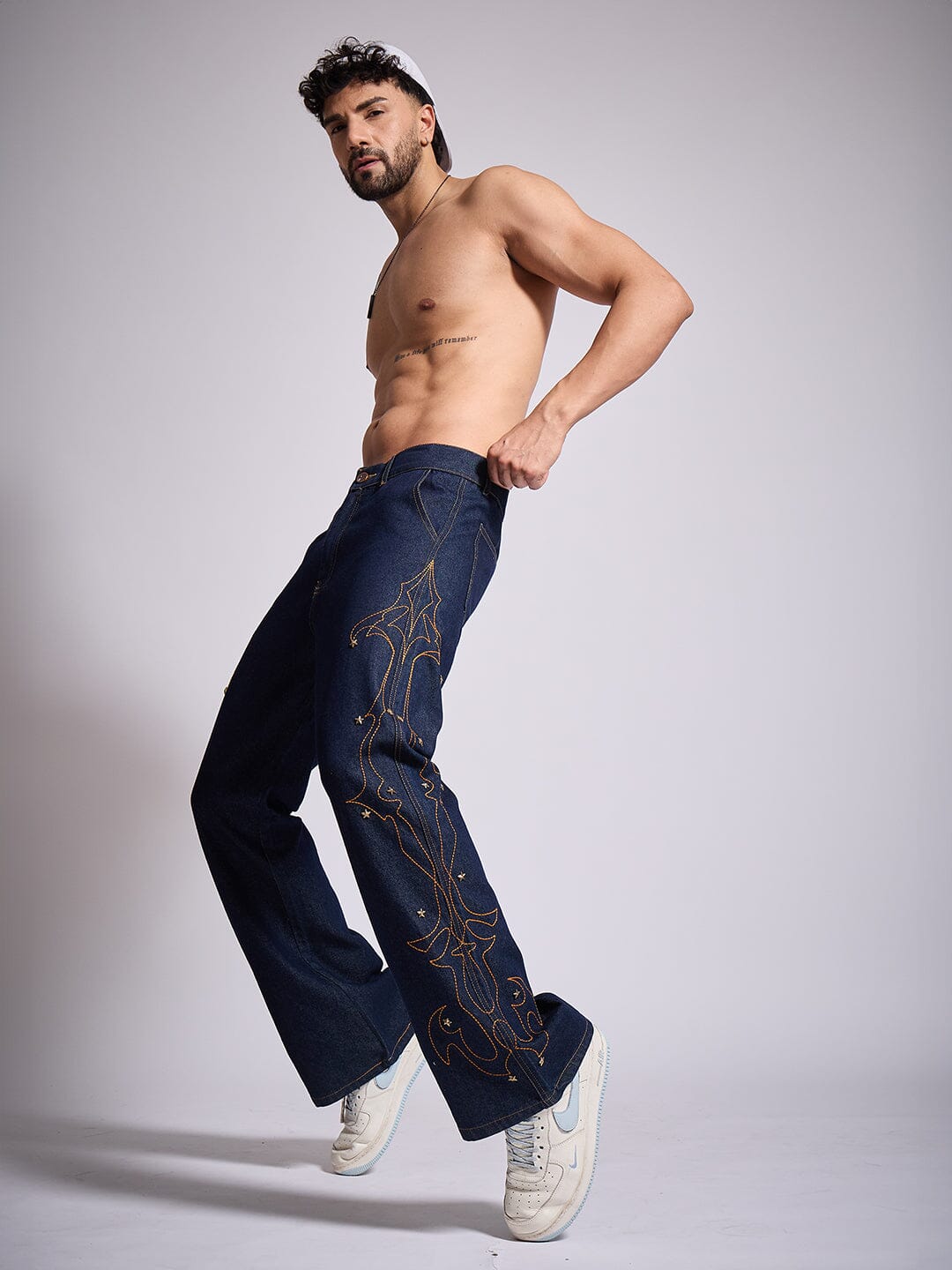 Dark Wash Mayan Embroidery Riveted Flared Denim