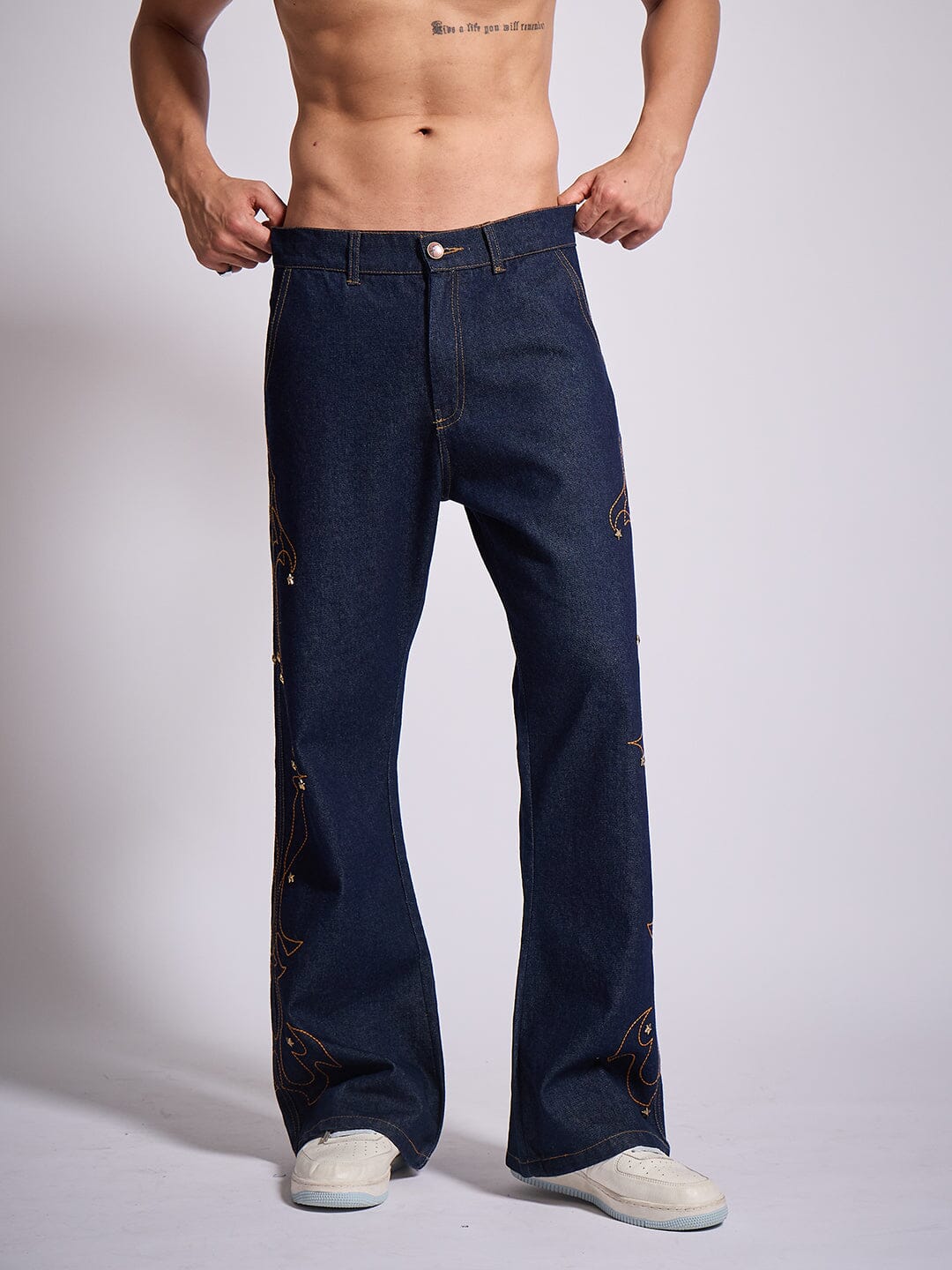 Dark Wash Mayan Embroidery Riveted Flared Denim