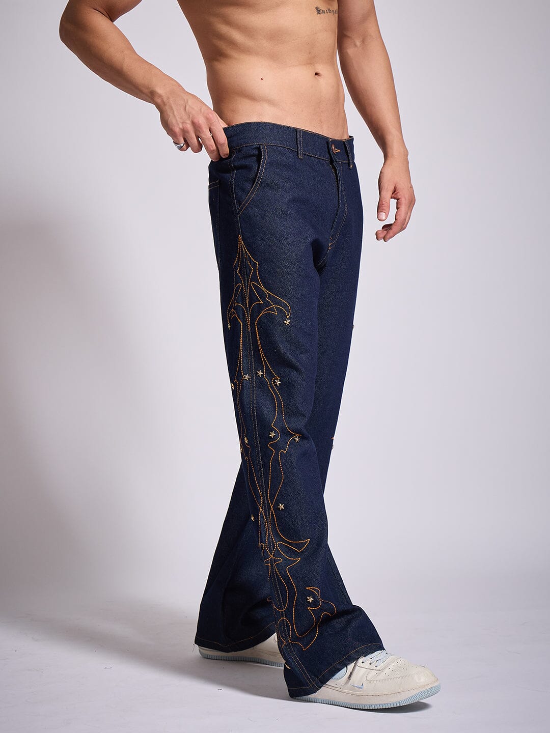 Dark Wash Mayan Embroidery Riveted Flared Denim
