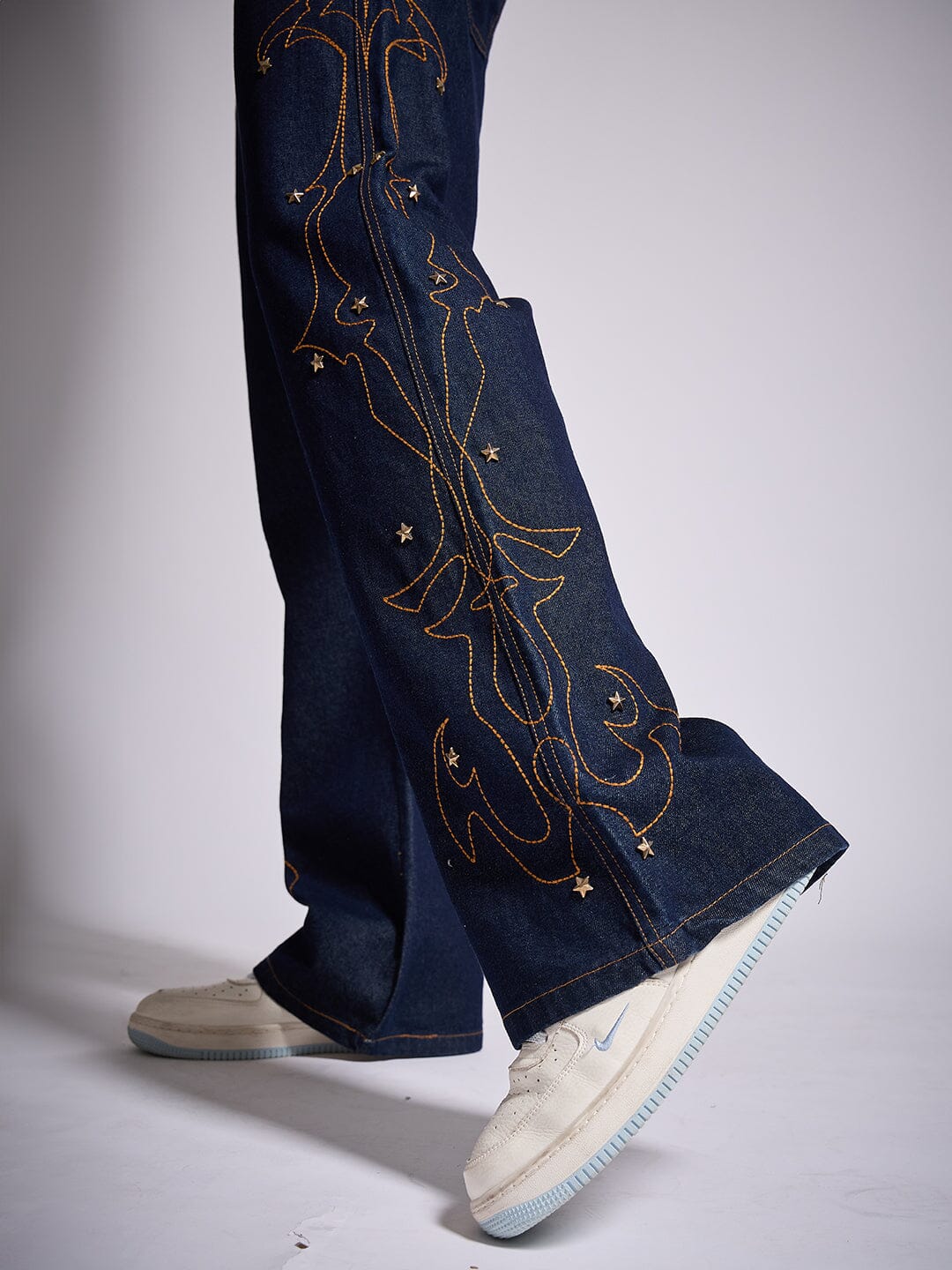 Dark Wash Mayan Embroidery Riveted Flared Denim