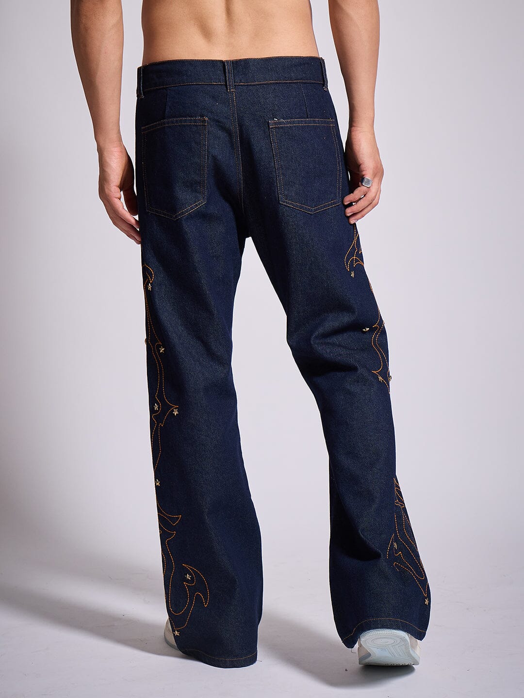 Dark Wash Mayan Embroidery Riveted Flared Denim