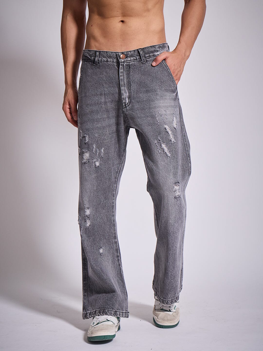Grey Distressed Flared Denim