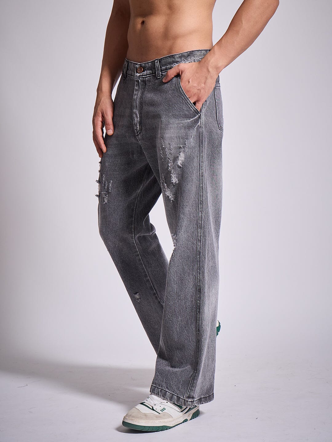 Grey Distressed Flared Denim