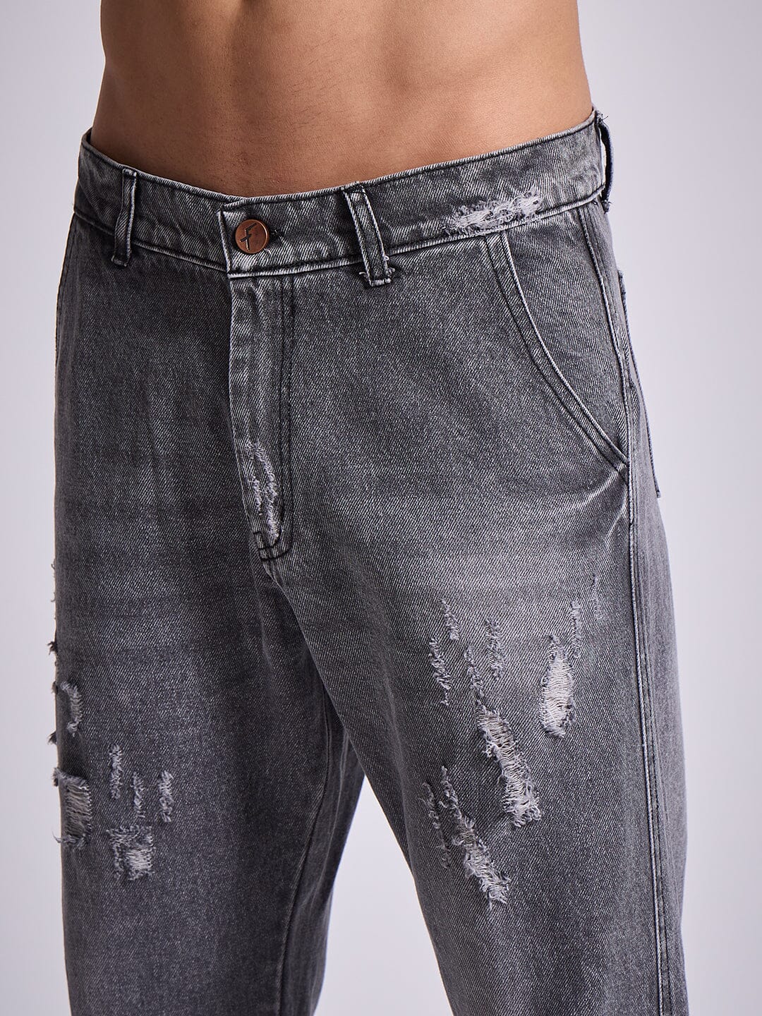 Grey Distressed Flared Denim