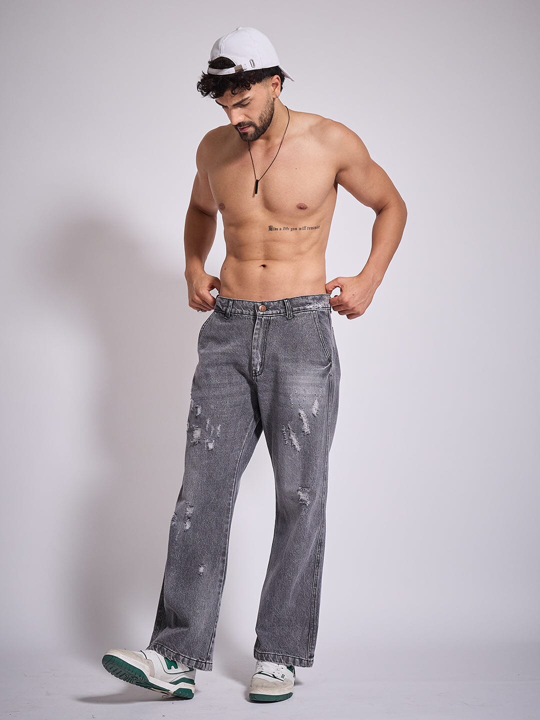 Grey Distressed Flared Denim