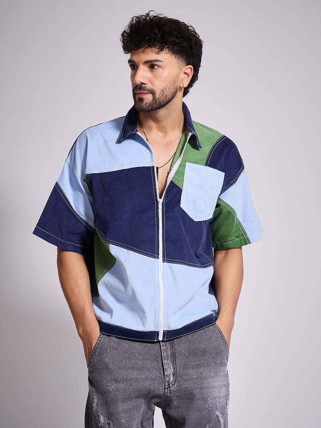 Blue Tricolour Cut & Sew Zipped Corduroy Shirt