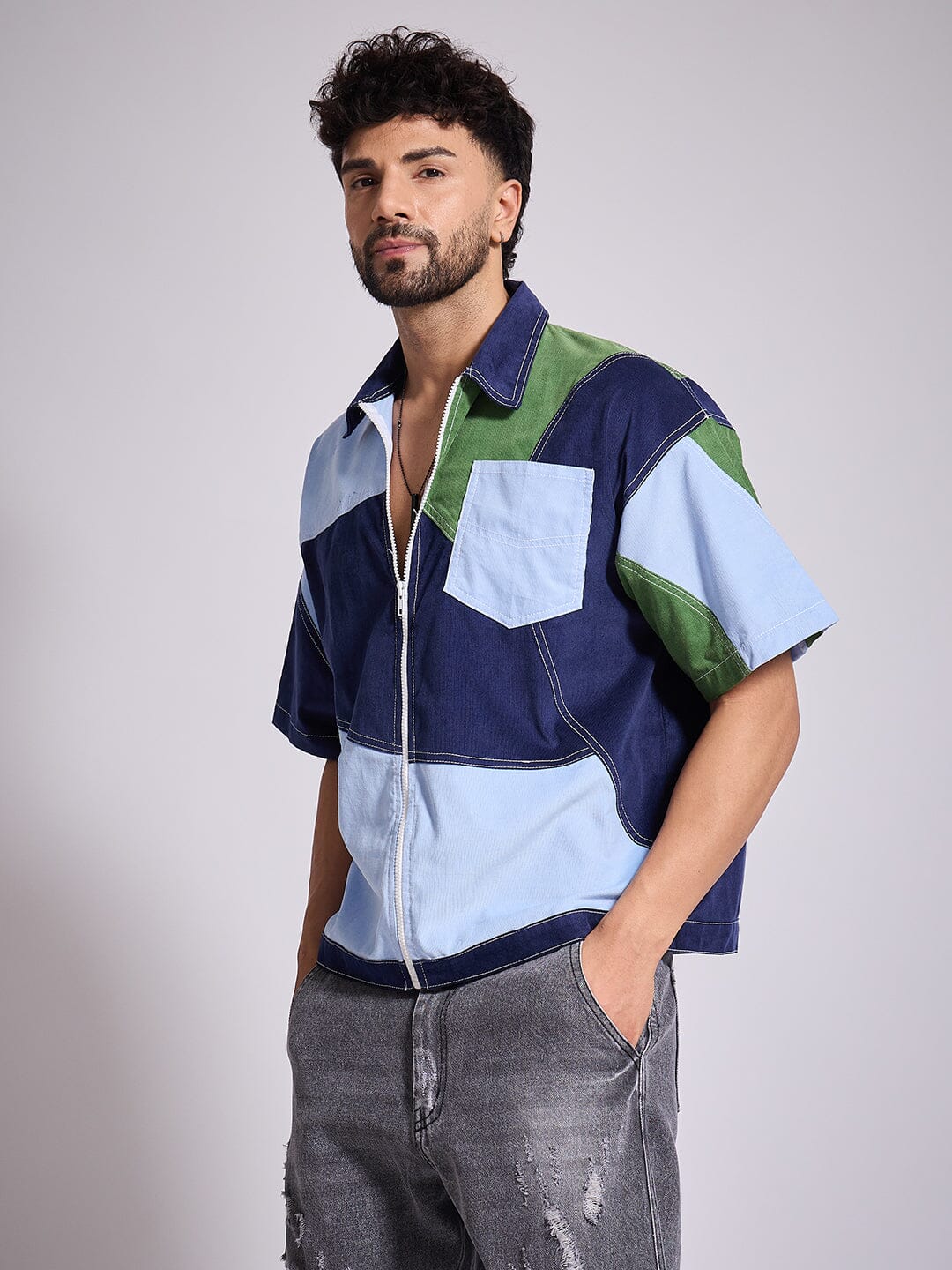 Blue Tricolour Cut & Sew Zipped Corduroy Shirt