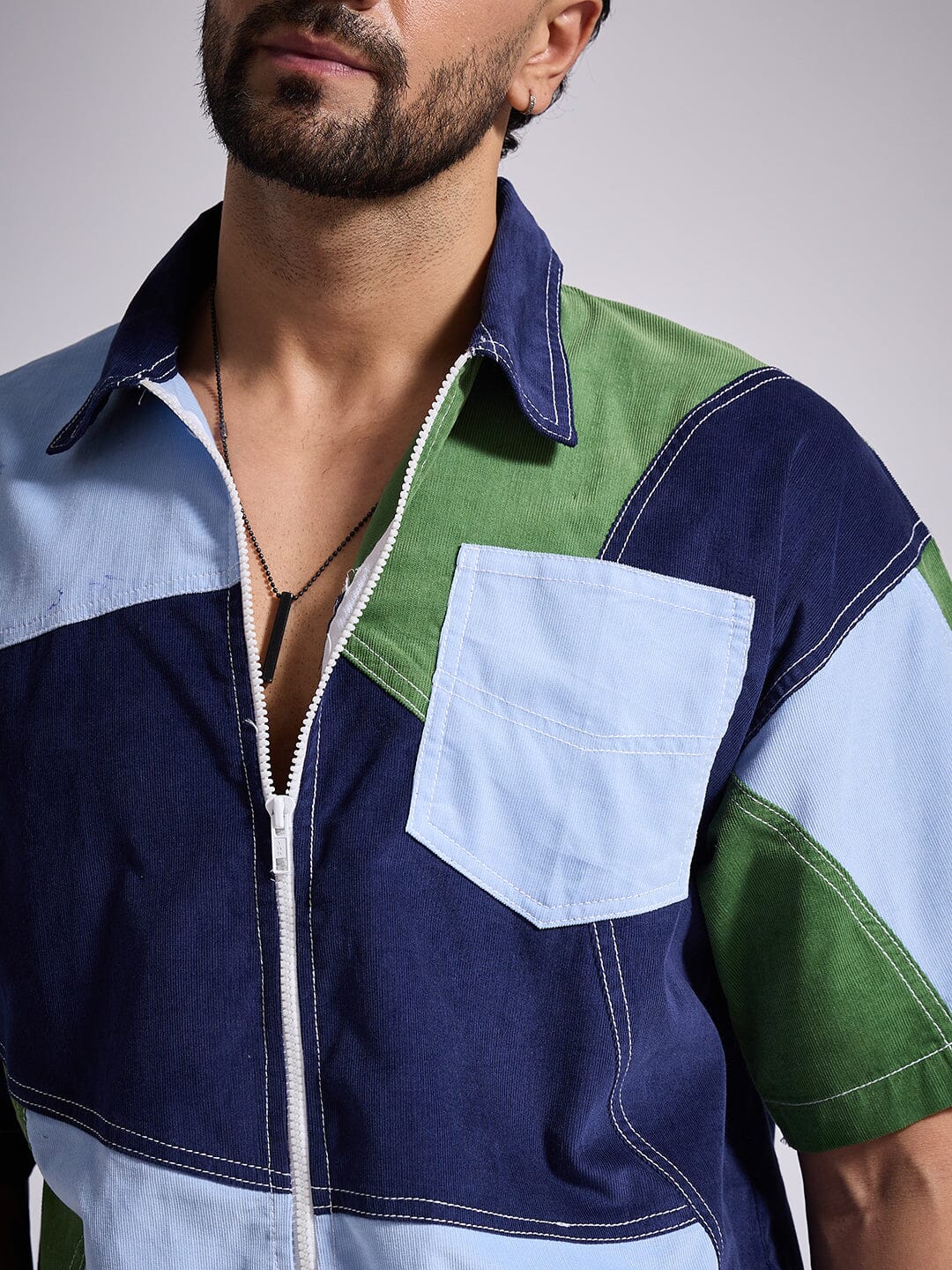 Blue Tricolour Cut & Sew Zipped Corduroy Shirt