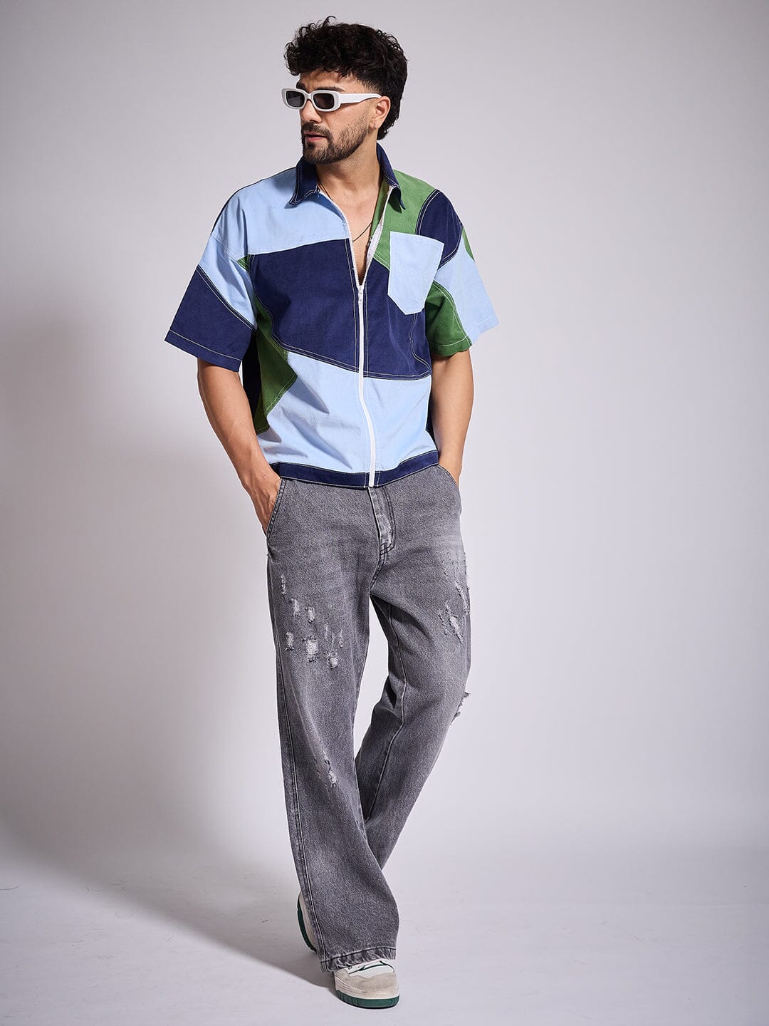 Blue Tricolour Cut & Sew Zipped Corduroy Shirt