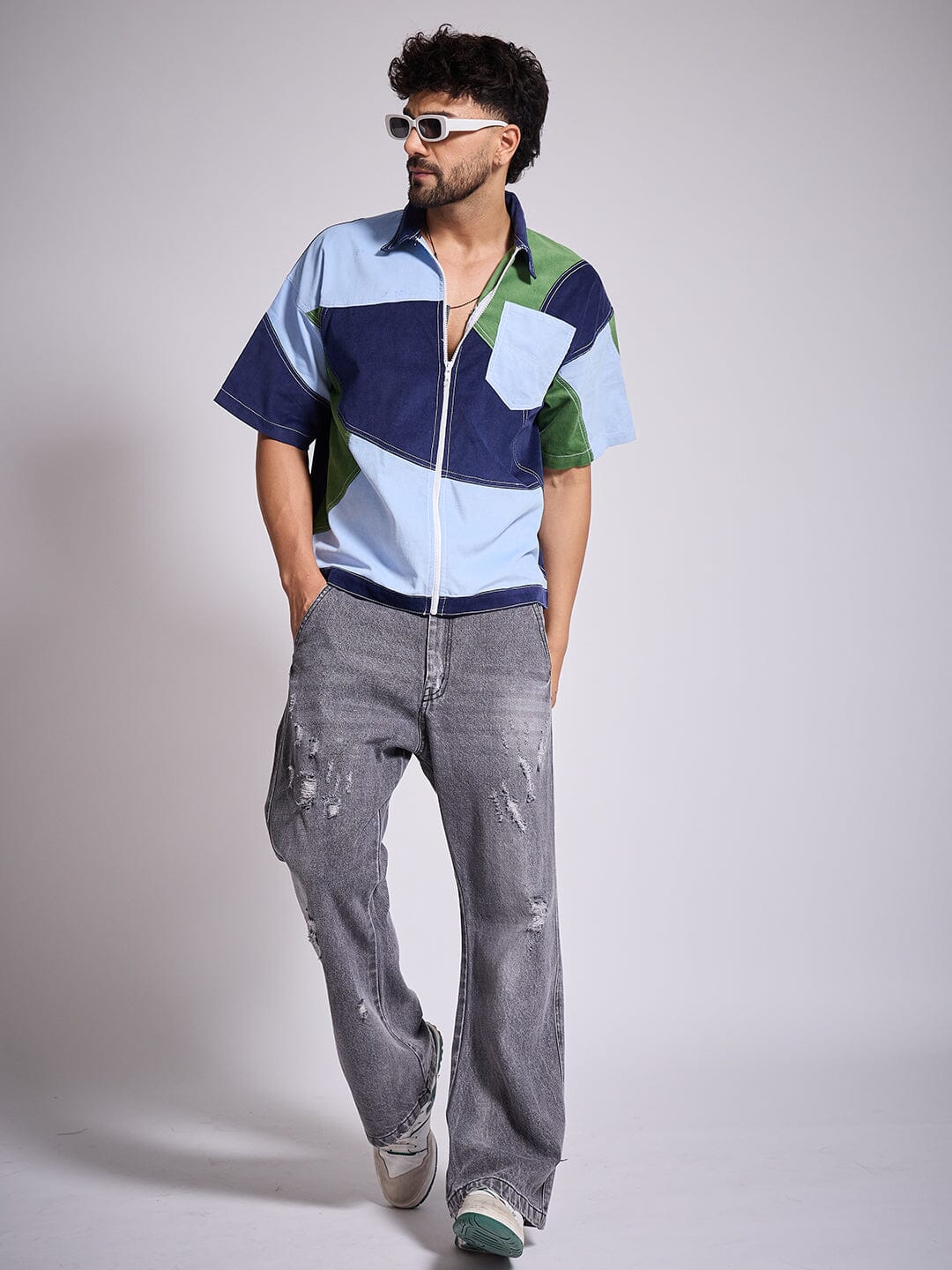 Blue Tricolour Cut & Sew Zipped Corduroy Shirt