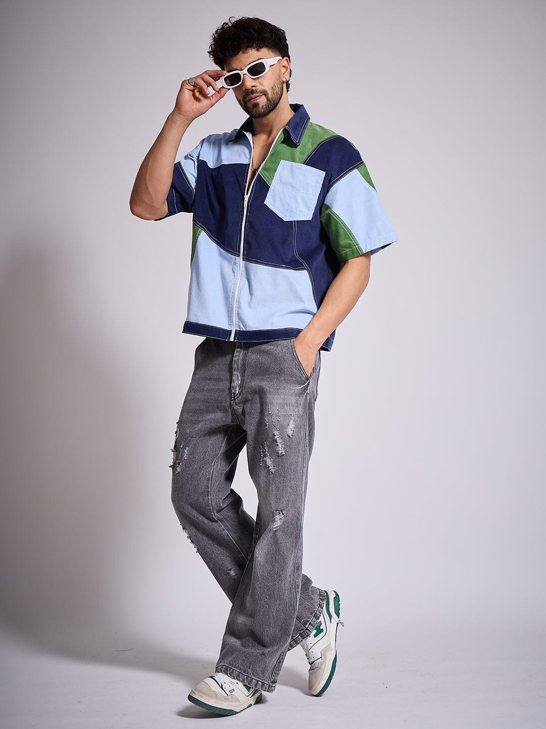 Blue Tricolour Cut & Sew Zipped Corduroy Shirt