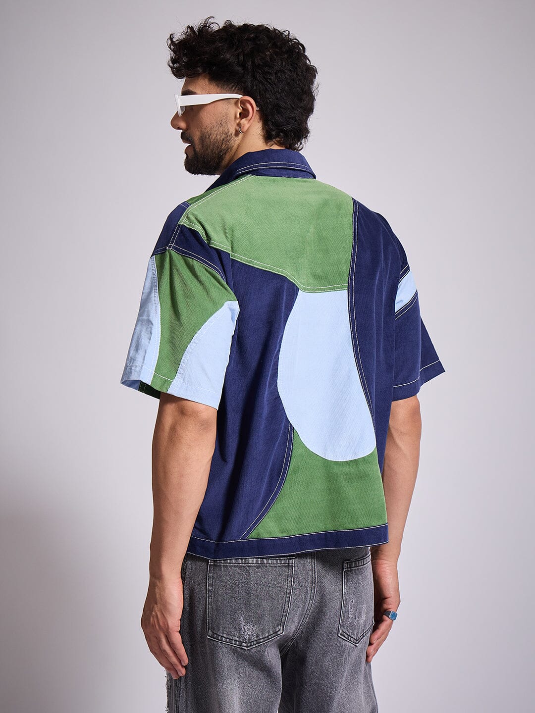 Blue Tricolour Cut & Sew Zipped Corduroy Shirt