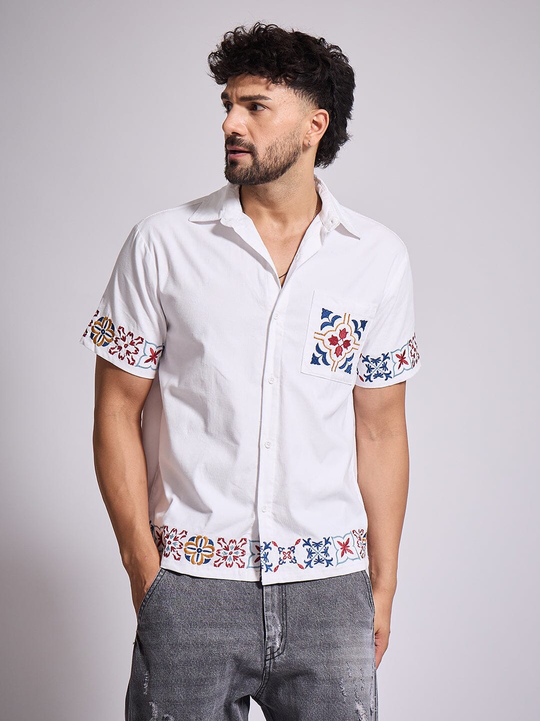 White Patterned Embroidered Corduroy Shirt