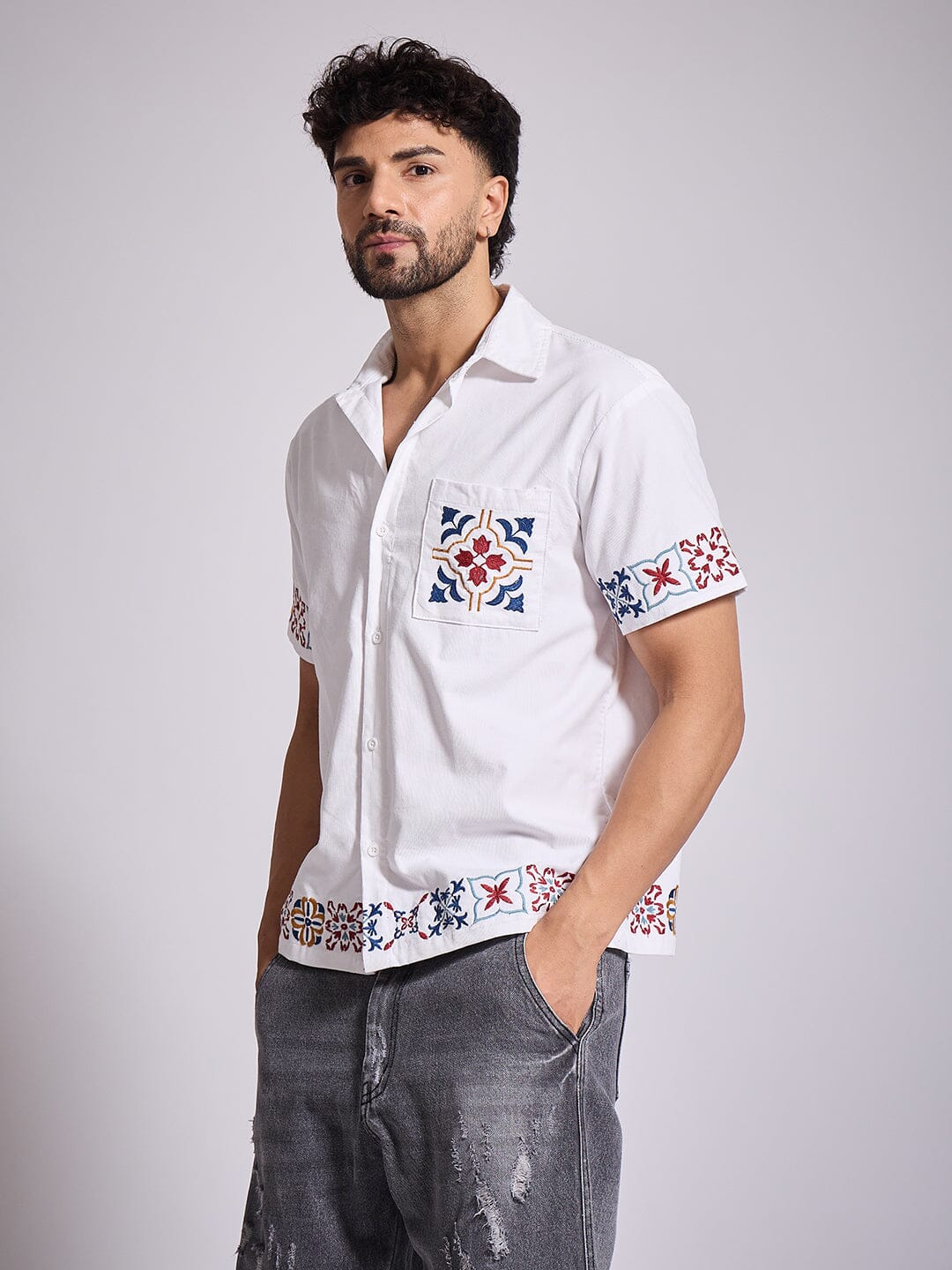 White Patterned Embroidered Corduroy Shirt