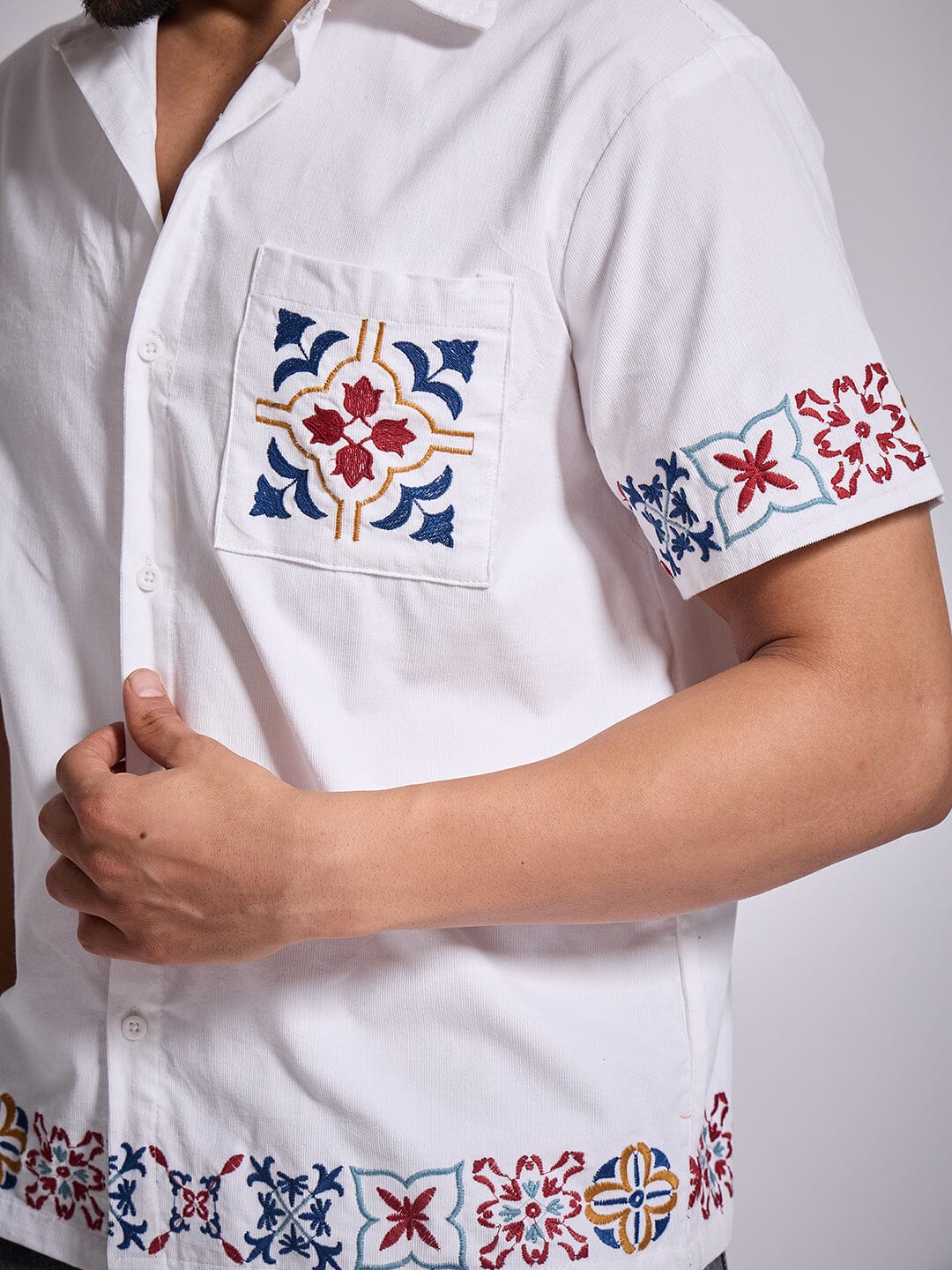 White Patterned Embroidered Corduroy Shirt