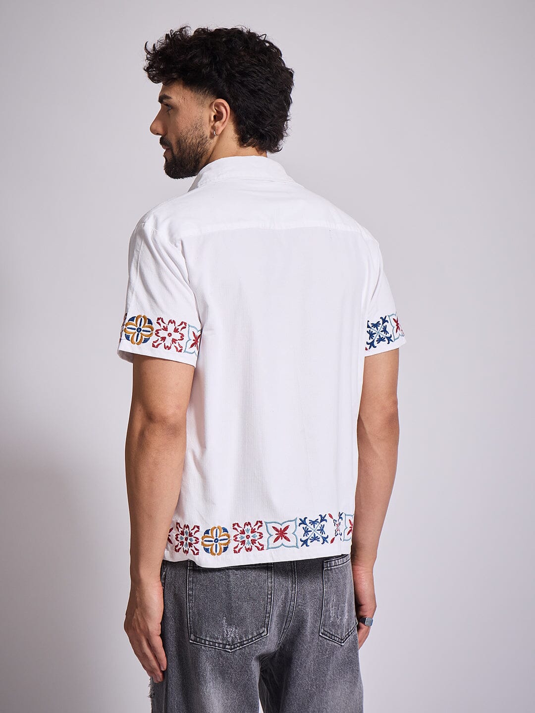White Patterned Embroidered Corduroy Shirt